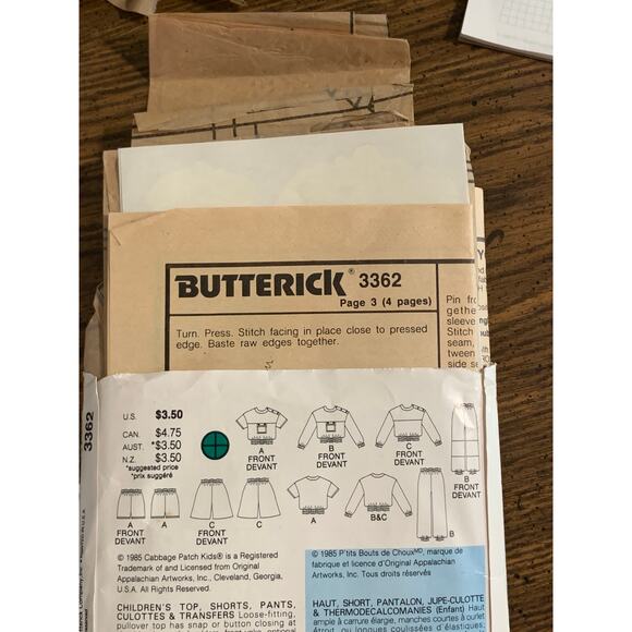 VTG Butterick Cabbage Patch Kids Pattern #3362 Top Shorts Pants Culottes 5-6-6X - Picture 7 of 8